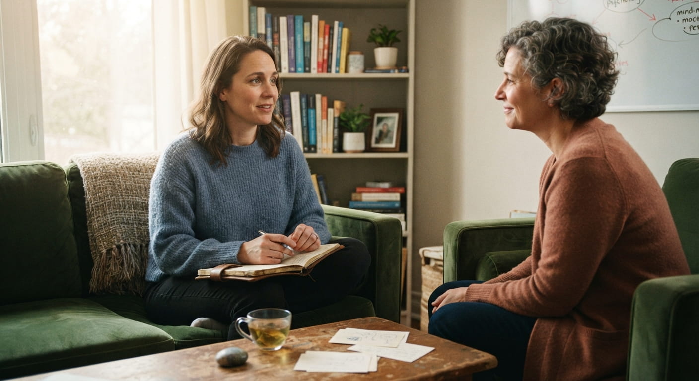 A realistic therapy office photo showing a supportive counselling session, highlighting the management of ADHD in adults through neurodivergent-affirming care.