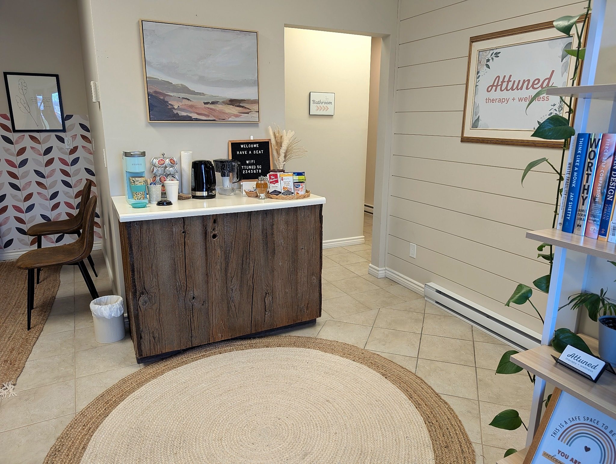 attuned therapy + wellness reception area reception area and coffee at attuned therapy